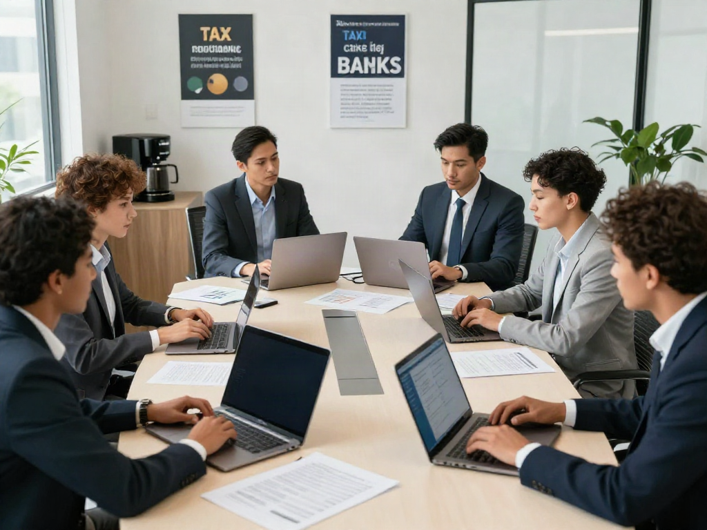 Team of professionals using software for starting a tax preparation business in a modern office setting
