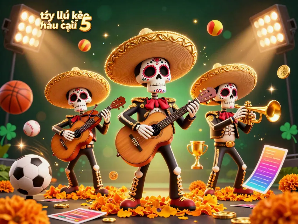 Engaging scene illustrating tỷ lệ kèo nhà cái 5 with a skeleton mariachi band, sports balls, and betting elements.