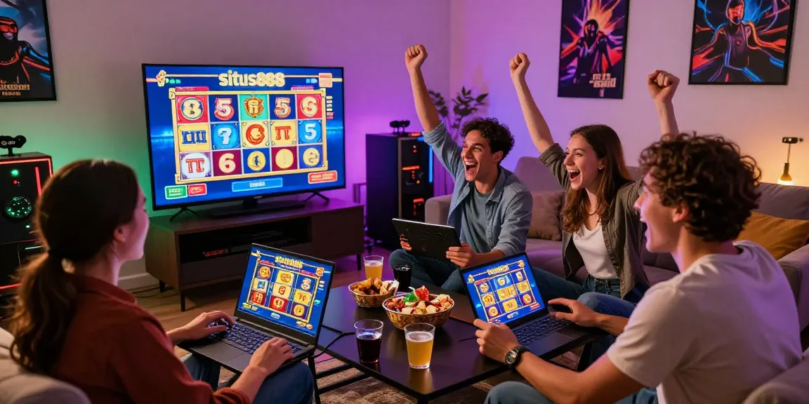 A group excitedly playing online slot games on situs888 in a lively living room.