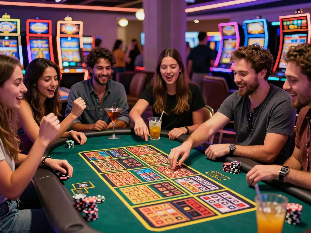 Suasana bermain ratutogel dengan teman-teman di kasino, tiket lotere berwarna-warni tersebar di meja, ekspresi penuh semangat.