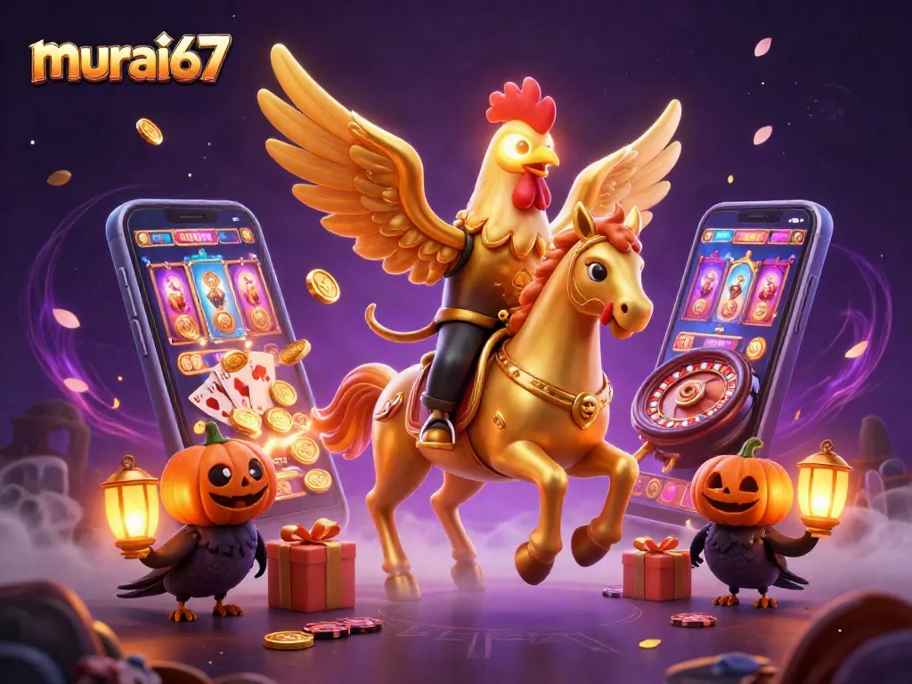 Murai67 casino action illustration featuring a golden rooster and gaming elements.