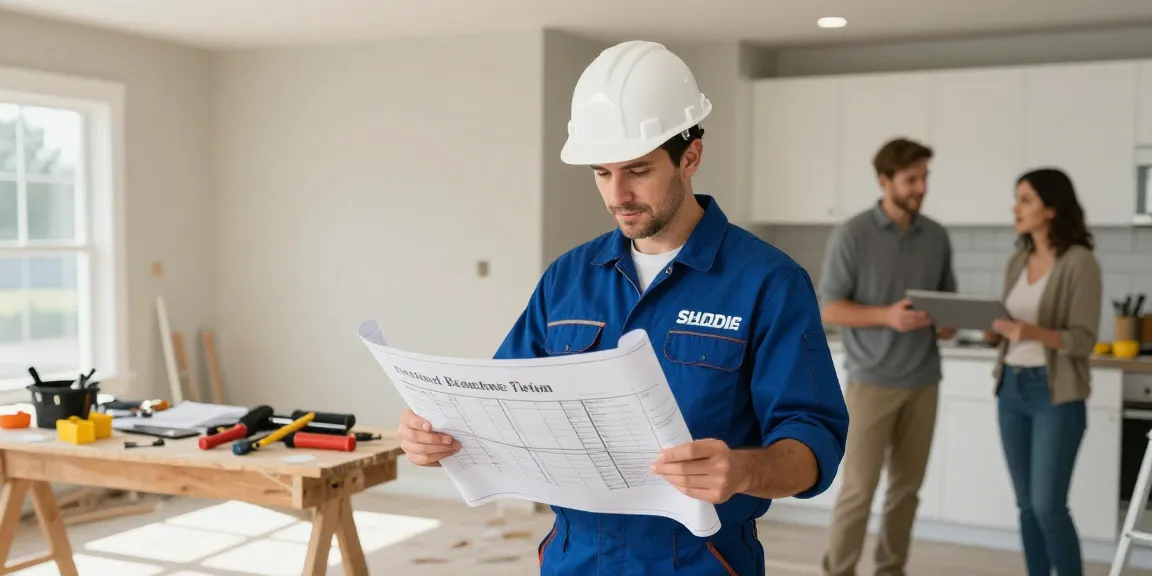 Seattle area home remodeling company: Trusted contractor reviewing plans in a beautifully renovated kitchen.