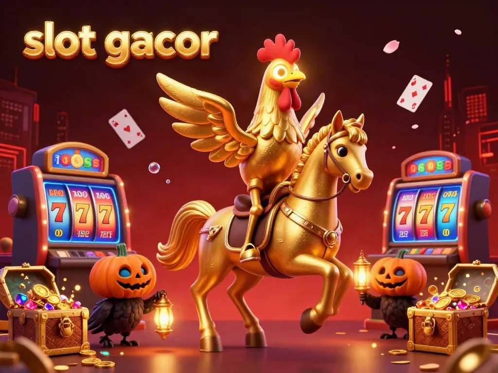 Experience thrilling slot gacor adventures in a vibrant casino with golden rooster characters and dynamic elements.