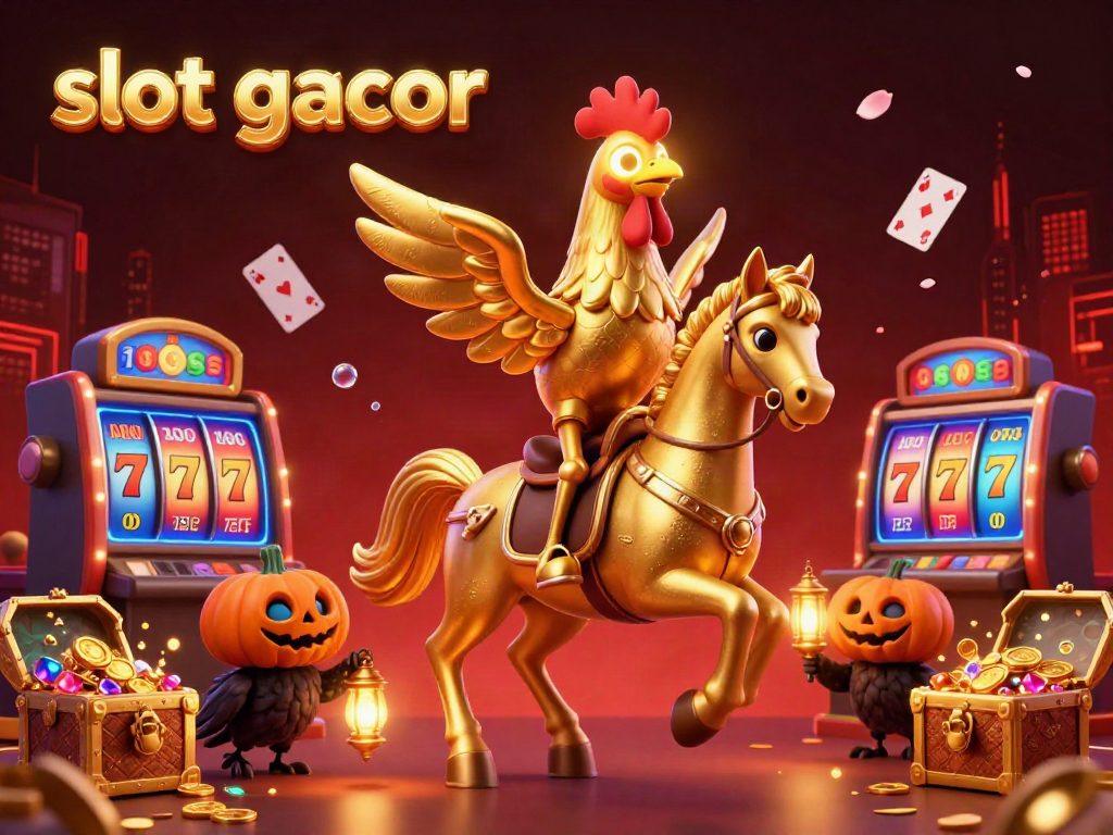 Experience thrilling slot gacor adventures in a vibrant casino with golden rooster characters and dynamic elements.