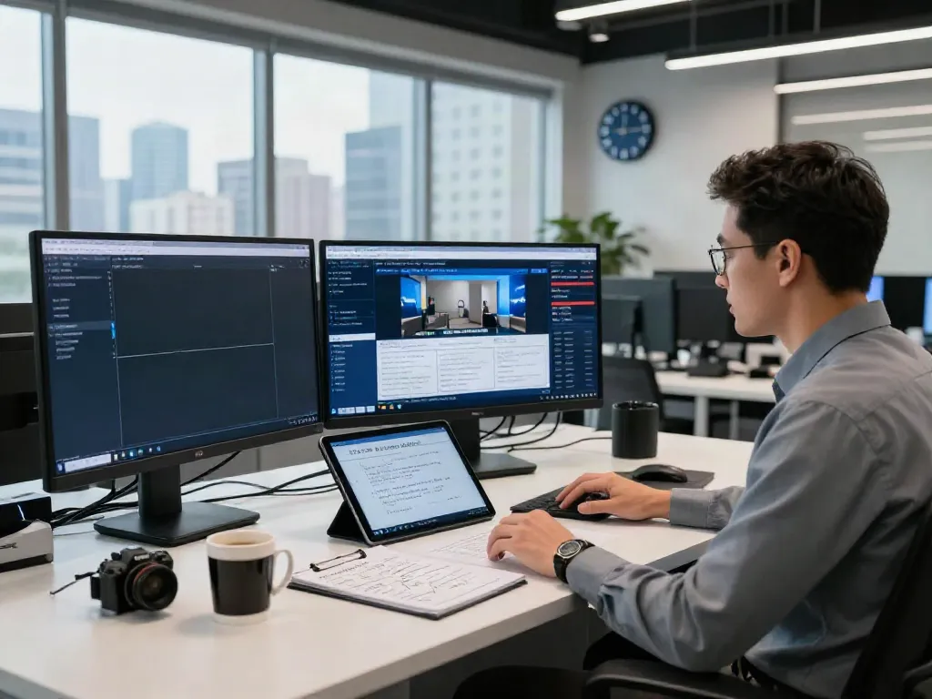 Journalist in a modern newsroom tracking insurance news updates with multiple screens.