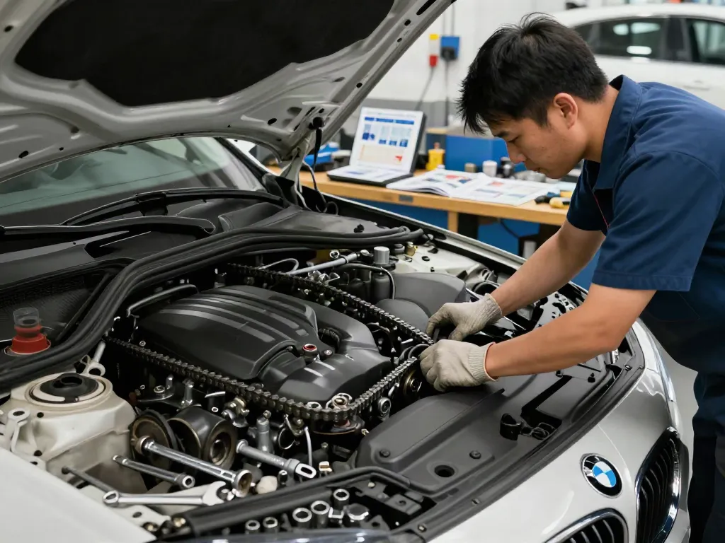 BMW Steuerkette wechseln in einer professionellen Werkstatt mit einem Mechaniker.