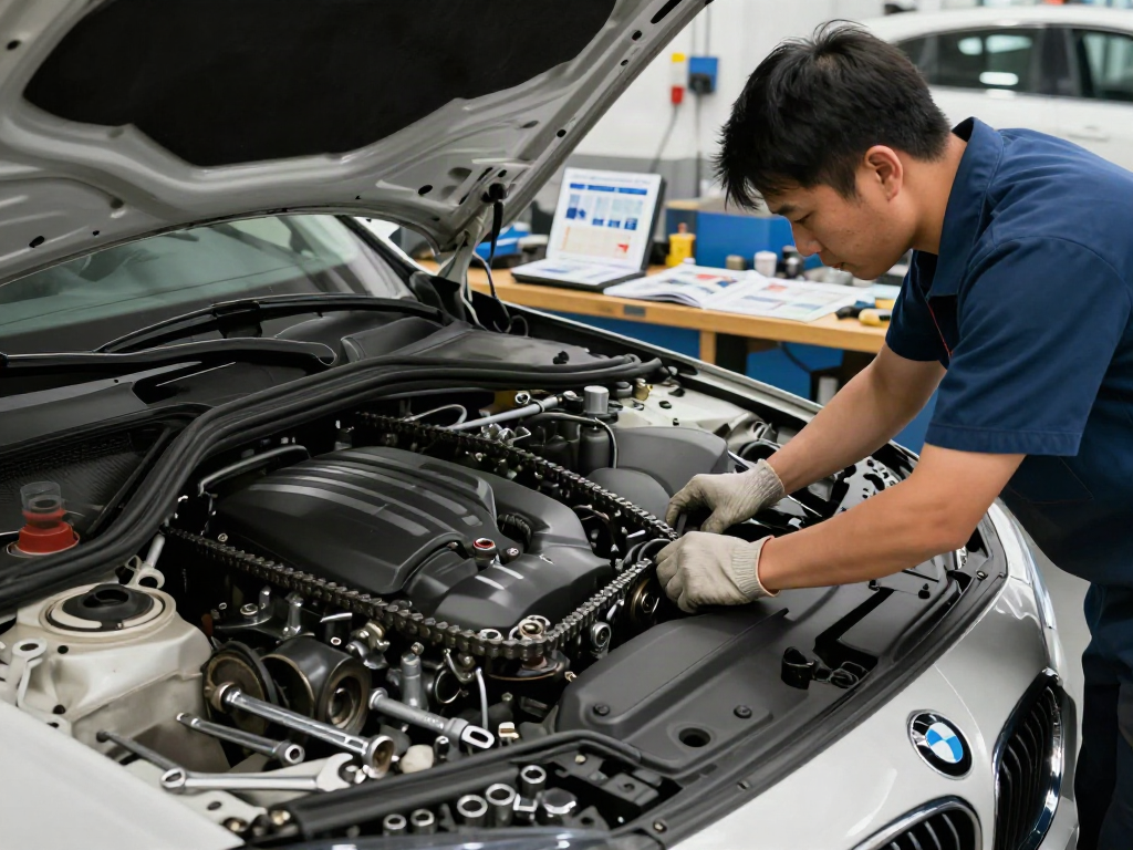 BMW Steuerkette wechseln in einer professionellen Werkstatt mit einem Mechaniker.