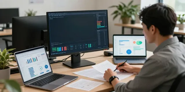 Professional marketer analyzing data in the best websites to buy web clicks workspace.