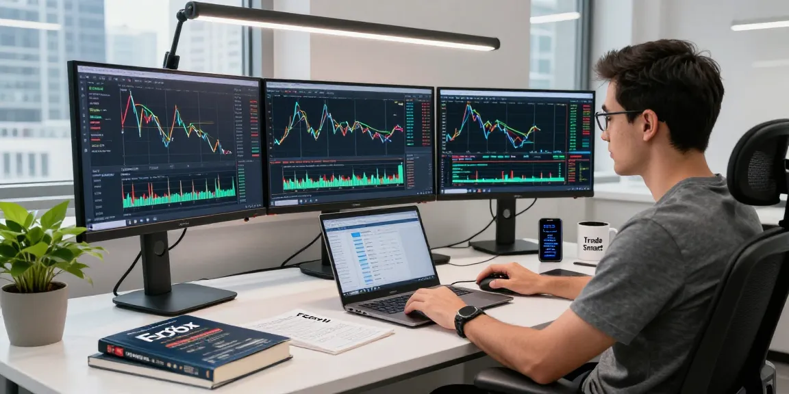 Trader using Metatrader VPS for Forex analysis with multi-monitor setup in a modern office