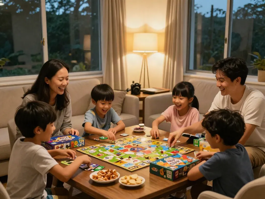Family game night featuring popular games like Ticket to Ride and Catan, promoting bonding and fun.