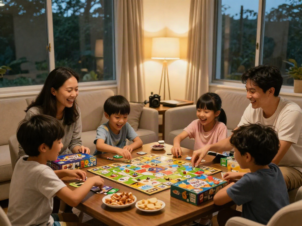 Family game night featuring popular games like Ticket to Ride and Catan, promoting bonding and fun.