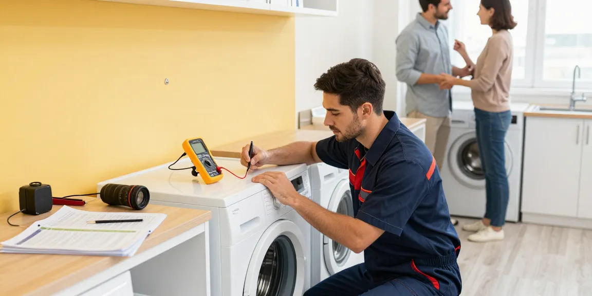 Washing machine repair technician diagnosing issues in a bright laundry room.