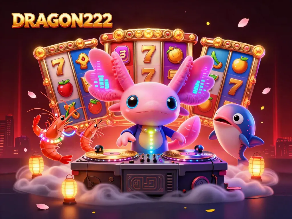 Engage with DRAGON222's thrilling slots featuring an axolotl DJ, vibrant slot reels, and a dynamic underwater casino scene.