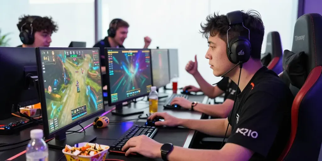 Dalam permainan esports di https://raja77gokil.com/, pemain berkonsentrasi pada layar dengan suasana yang penuh semangat dan kompetisi.