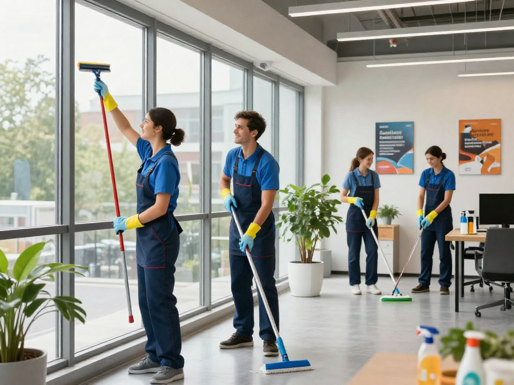 Reinigungsdienst in Dortmund mit professionellem Team, das effizient in einem hellen Büro reinigt.