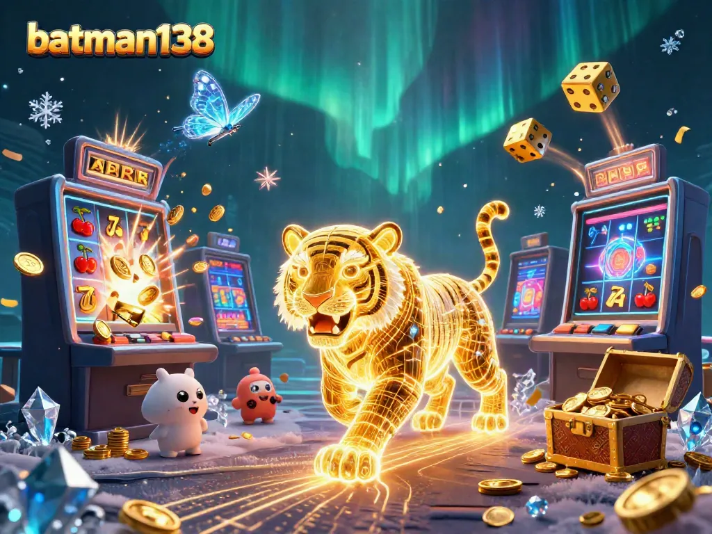 Experience the excitement with batman138 as a golden tiger navigates a vibrant casino landscape full of games and winning opportunities.