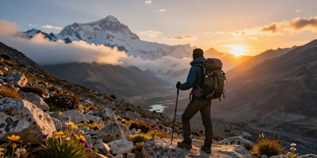 Manaslu Circuit trek traveler enjoying the breathtaking sunset at Larkya La Pass, showcasing magnificent mountain views.