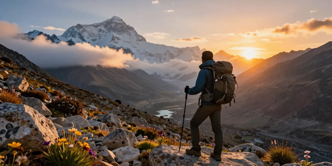 Manaslu Circuit trek traveler enjoying the breathtaking sunset at Larkya La Pass, showcasing magnificent mountain views.