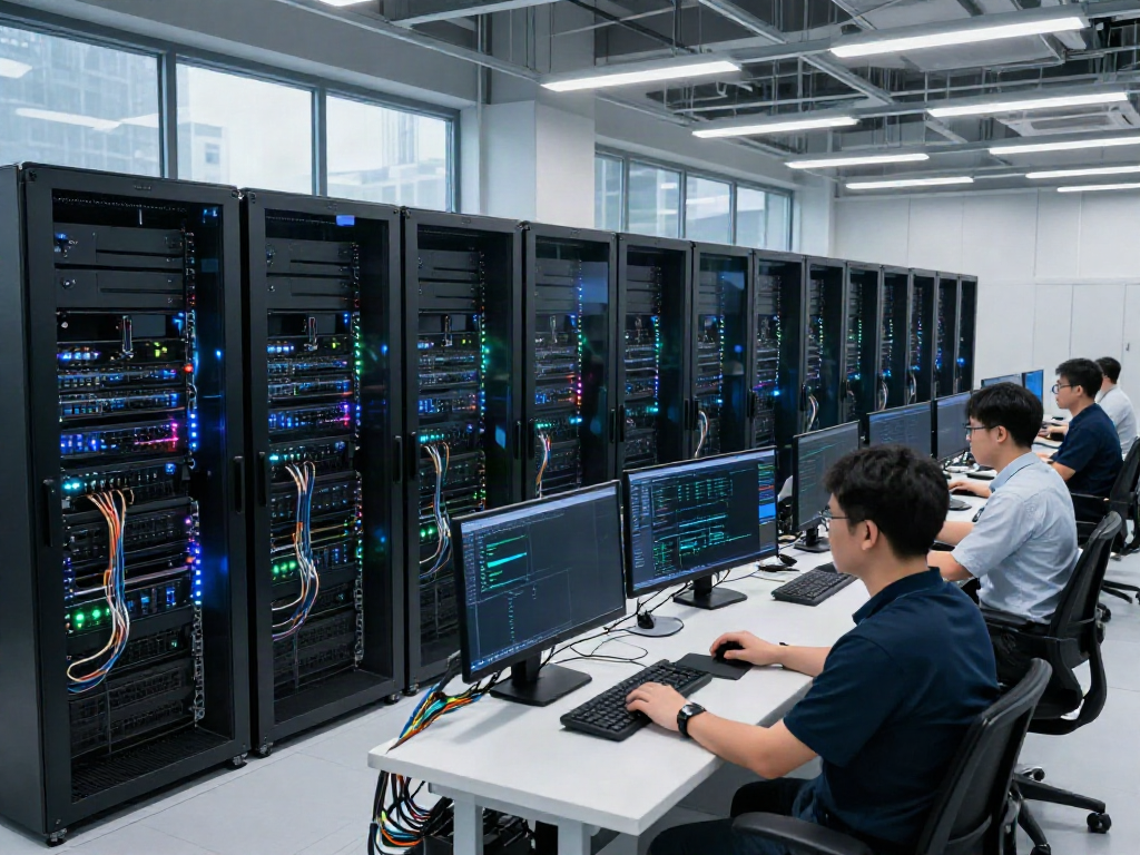Advanced AI data center with GPU servers and engineers monitoring performance in a collaborative environment.