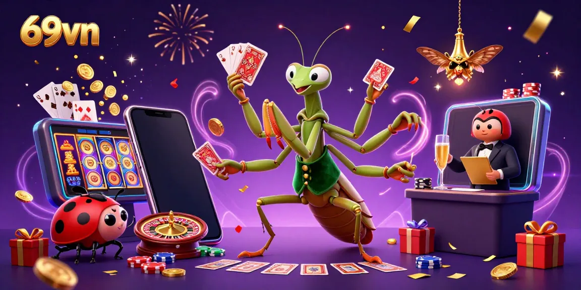 Experience thrilling casino action with 69vn's vibrant illustration of a mantis card sharp and ladybug pit boss, showcasing enticing gameplay.