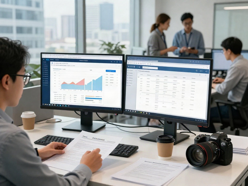 Compliance officer using a document fraud detection solution in a modern office, reviewing analytics on dual monitors.