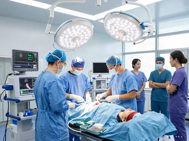 Thoracic surgery in Abu Dhabi with diverse medical team preparing for advanced procedures in a modern operating room.