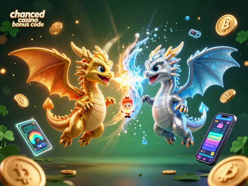 Activate rewards with the chanced casino bonus code, featuring vibrant dragons and crypto elements.