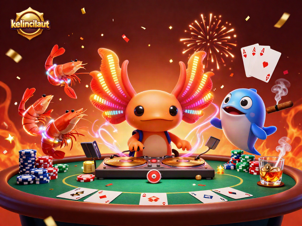 Engage with kelincilaut's vibrant casino scenes featuring an axolotl DJ and dynamic poker action.