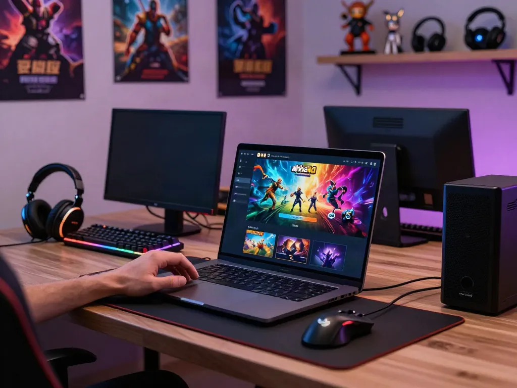 Engaging in ahha4d online gaming on a laptop in a cozy gaming nook.