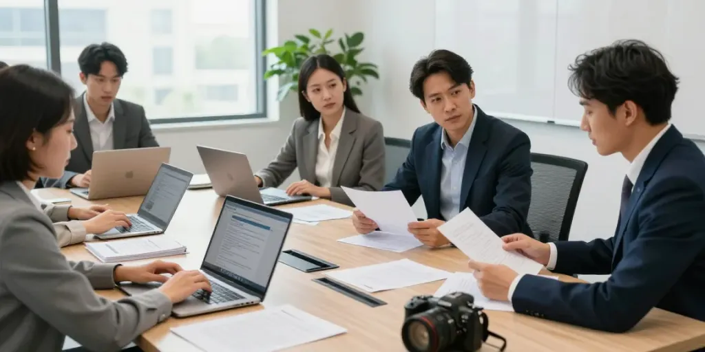 Find immigration lawyer consultation in modern office with professionals discussing visa laws.