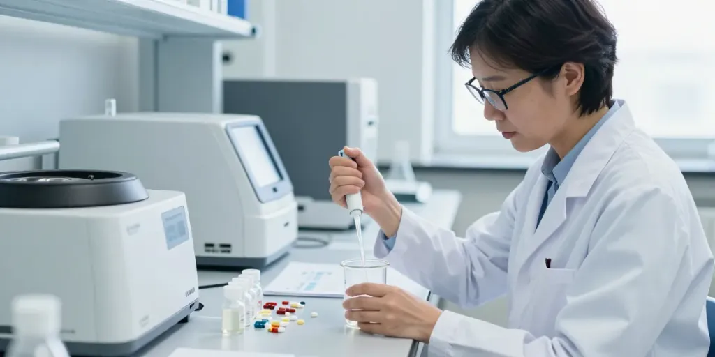 Voltera scientist analyzing research peptides in a clean lab environment, emphasizing precision and authenticity.
