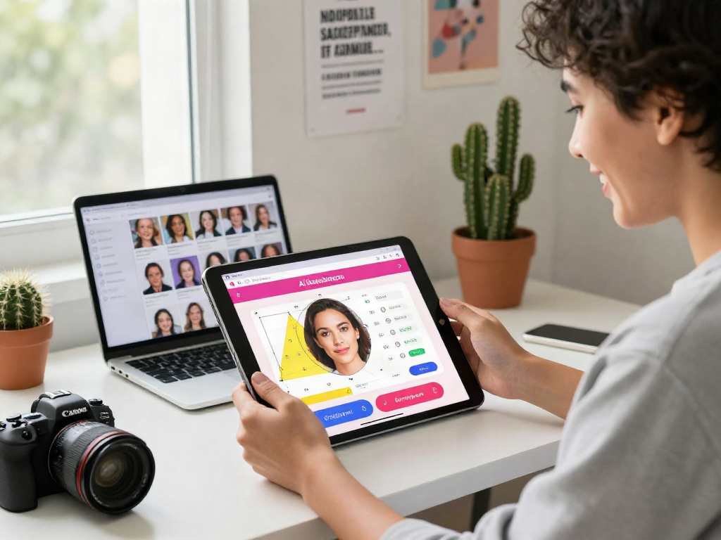 User taking an attractiveness test on a tablet, visualizing beauty metrics and facial symmetry metrics.