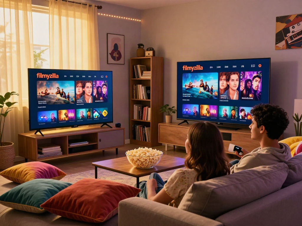 Couple enjoying a cozy movie night with filmyzilla streaming, popcorn and ambient lighting in their living room.