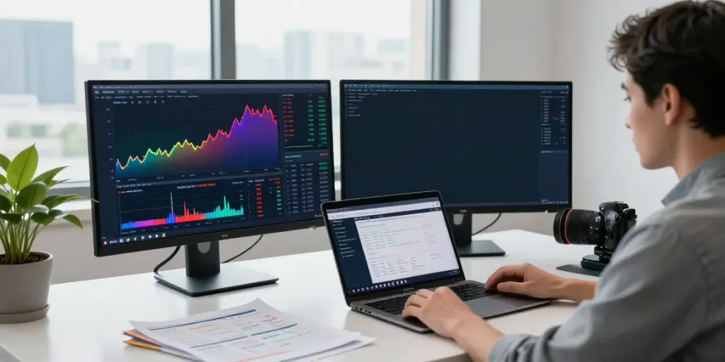 Trader analyzing TradingView charts in a modern workspace.