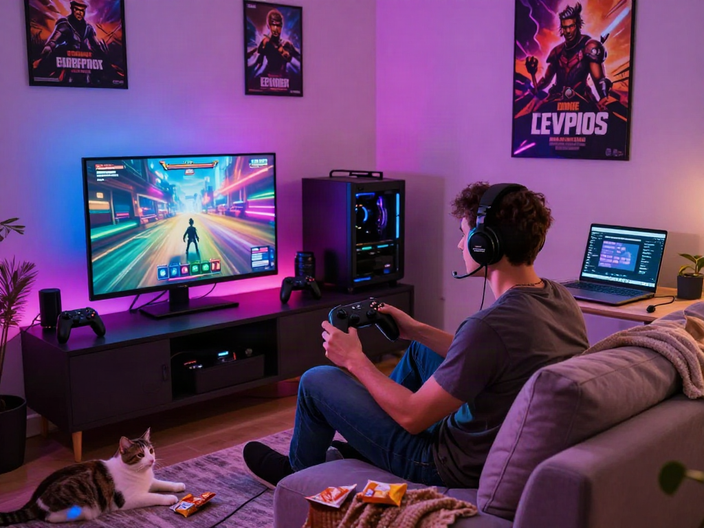 Engaging gamer enjoying porngames in a cozy modern living room.