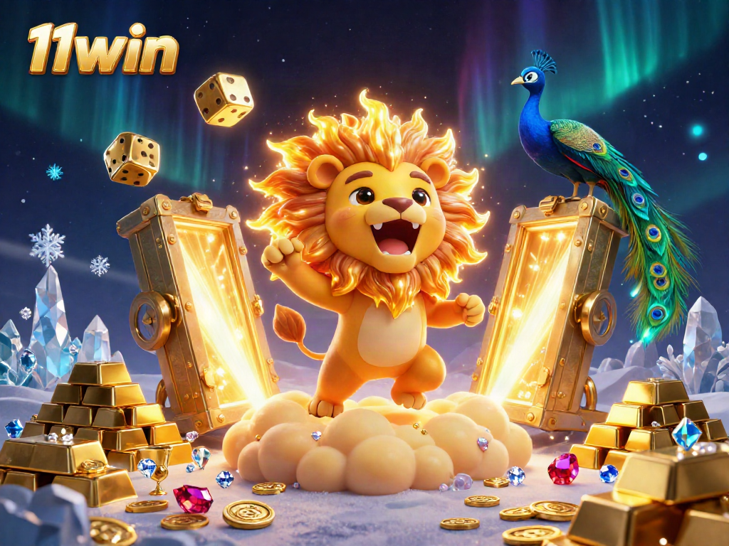 Experience the thrilling universe of 11win as a majestic golden lion and vibrant comet-tail peacock celebrate online gaming.