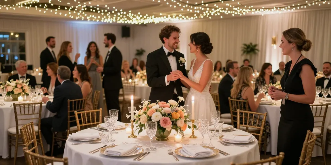 Stunning wedding reception showcasing event rentals with elegant table settings, floral arrangements, and joyful couple.