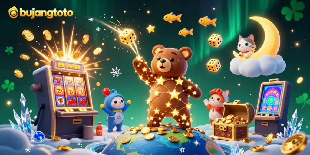 Experience the bujangtoto excitement as the constellation bear collects coins amidst vibrant casino elements.