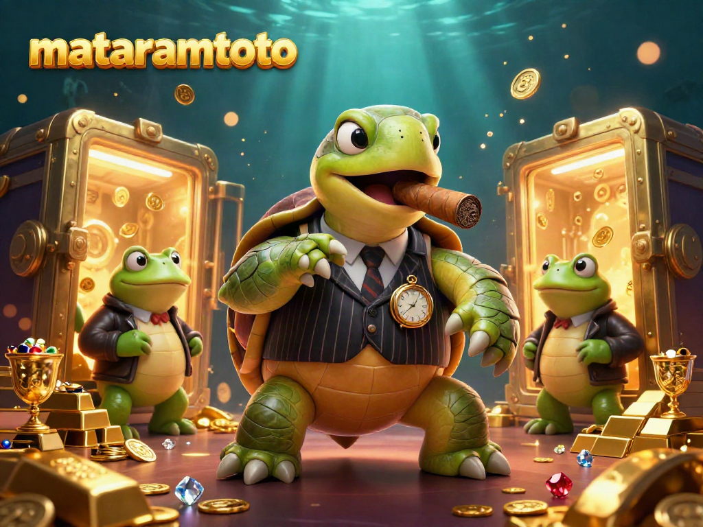 Mataramtoto showcases a vibrant casino scene with a snapping turtle in a pinstripe suit, gold vault, and treasure.