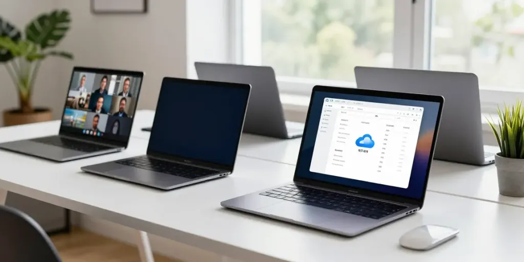 快连 user engaging with global connectivity on a sleek laptop in a modern workspace.