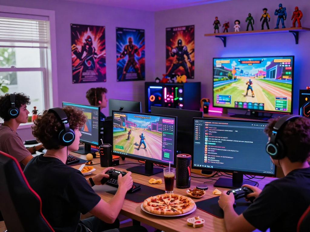 Group of friends enjoying porngames in a vibrant gaming room with snacks and colorful LED lights.