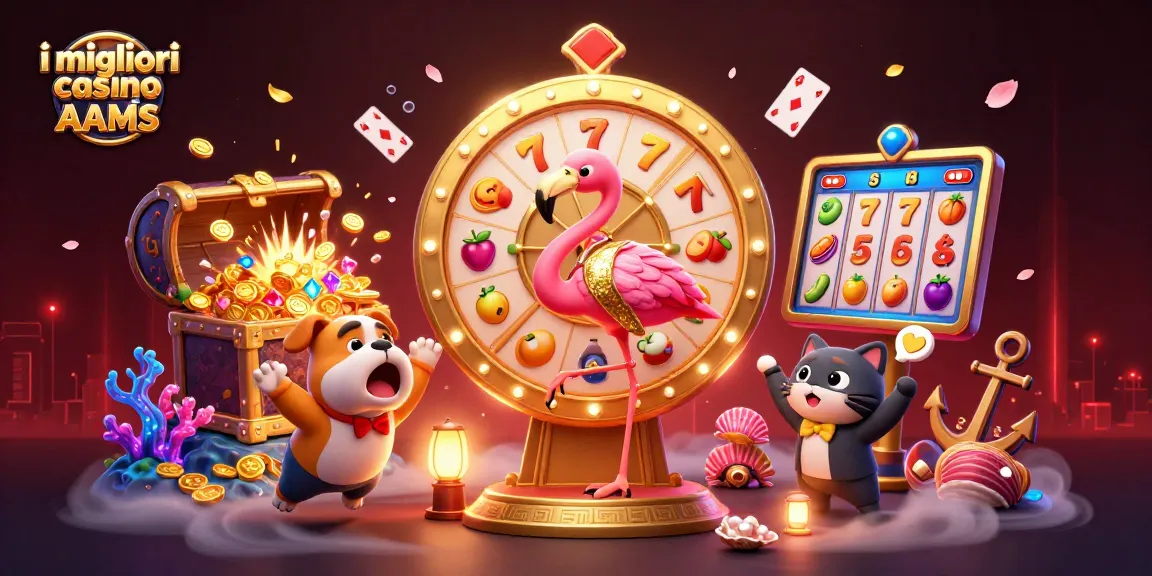 I migliori casino non AAMS presentano un'illustrazione animata con un elegante flamingo, un bulldog entusiasta e un assistente felino tra simboli di gioco e tesori sottomarini.