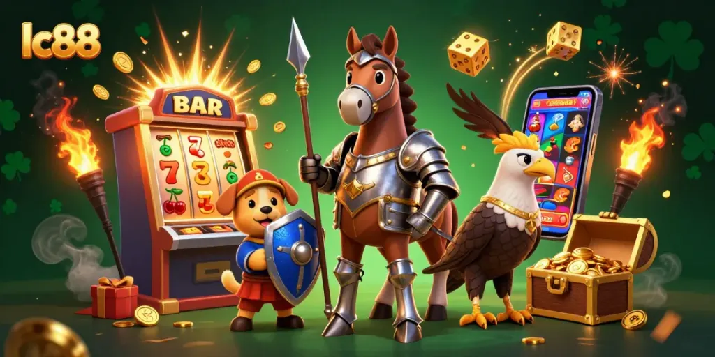 Experience the excitement of lc88 slots with knights, a puppy, and rich casino elements.