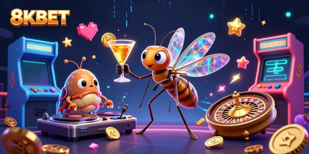 8KBET casino scene showcasing vibrant characters, such as a amber mosquito mascot and trilobite DJ.