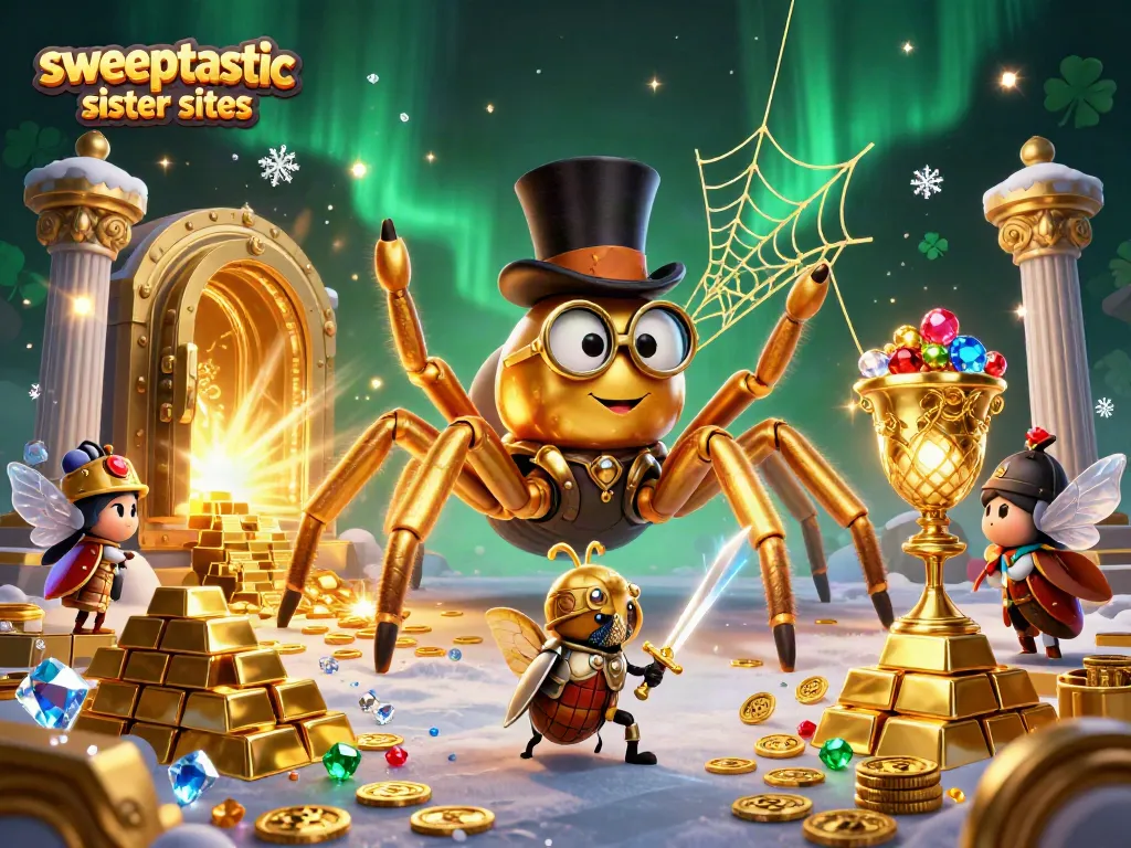 Sweeptastic sister sites showcase vibrant casino characters in a lively gambling scene.