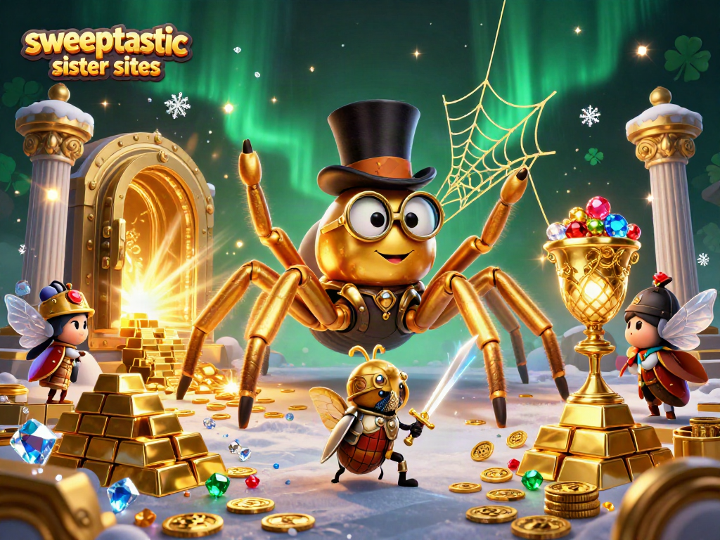 Sweeptastic sister sites showcase vibrant casino characters in a lively gambling scene.