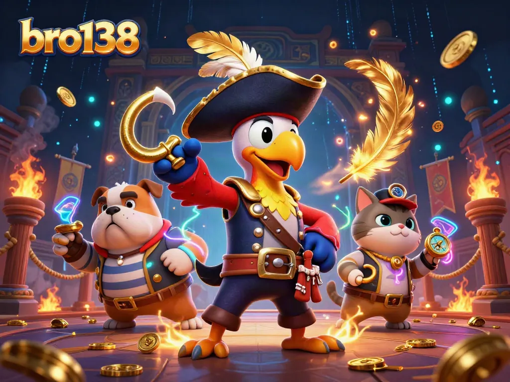 Bro138 pirate-themed 3D casino scene showcasing exciting game elements and vibrant characters