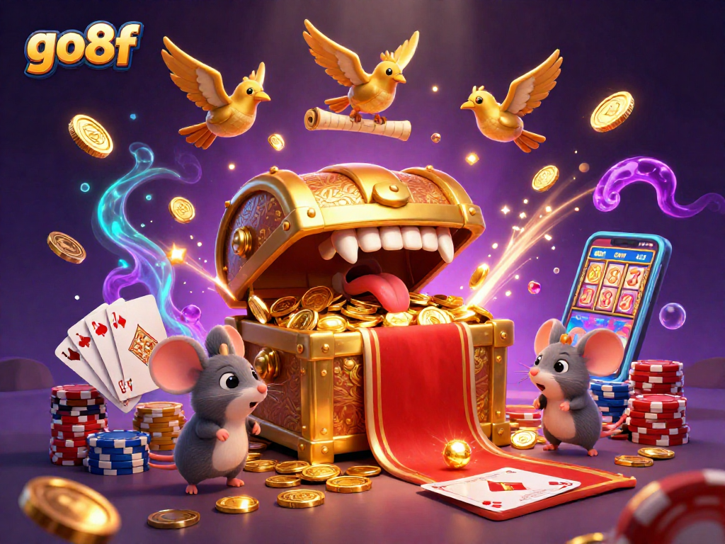 Engage in thrilling gaming adventures with go8f, featuring vibrant 3D illustrations of treasure and casino elements.