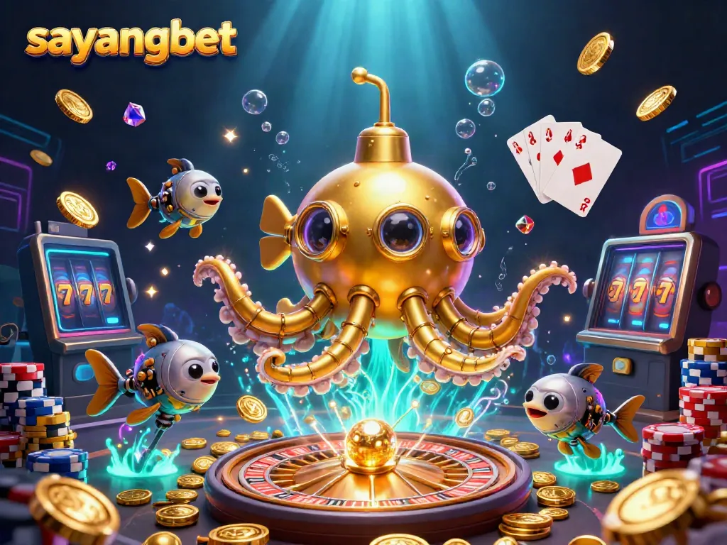 Engage with Sayangbet's thrilling gaming experience featuring a golden kraken submarine amidst vibrant casino elements.