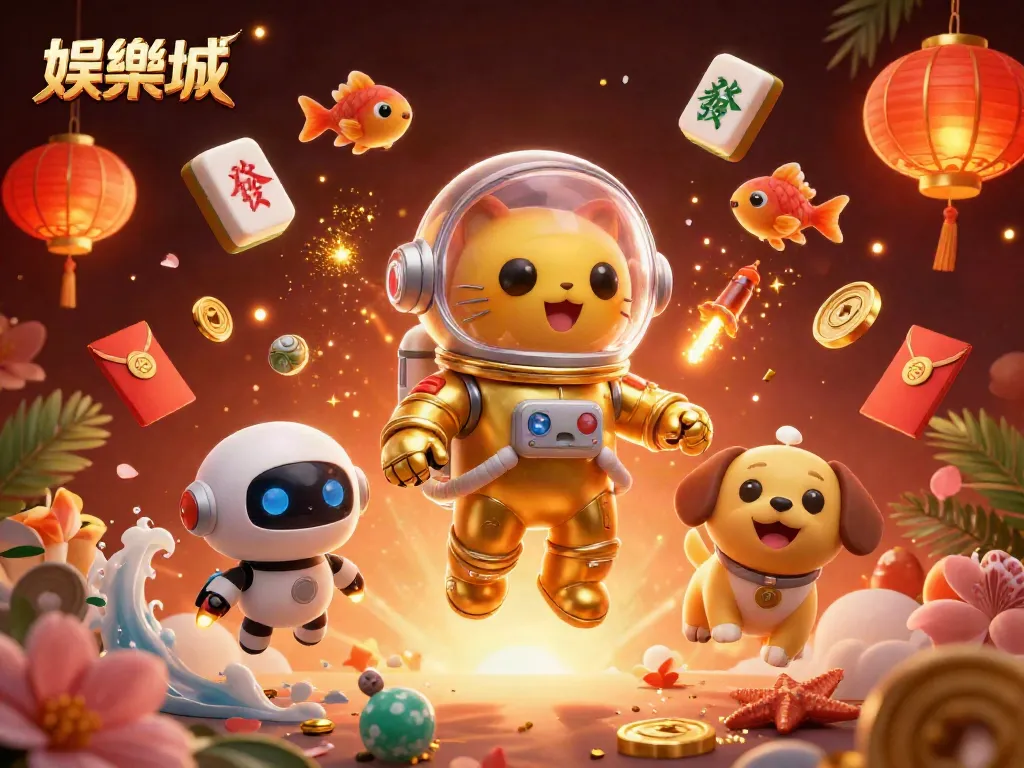參與娛樂城活動時，3D太空貓和機器狗的有趣冒險，浮動的麻將與祝福紅包。
